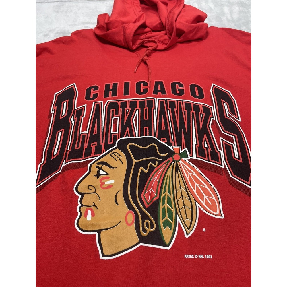 Vintage 1991 Chicago Blackhawks Shirt Mens Large Red Hoodie Long Sweatshirt USA